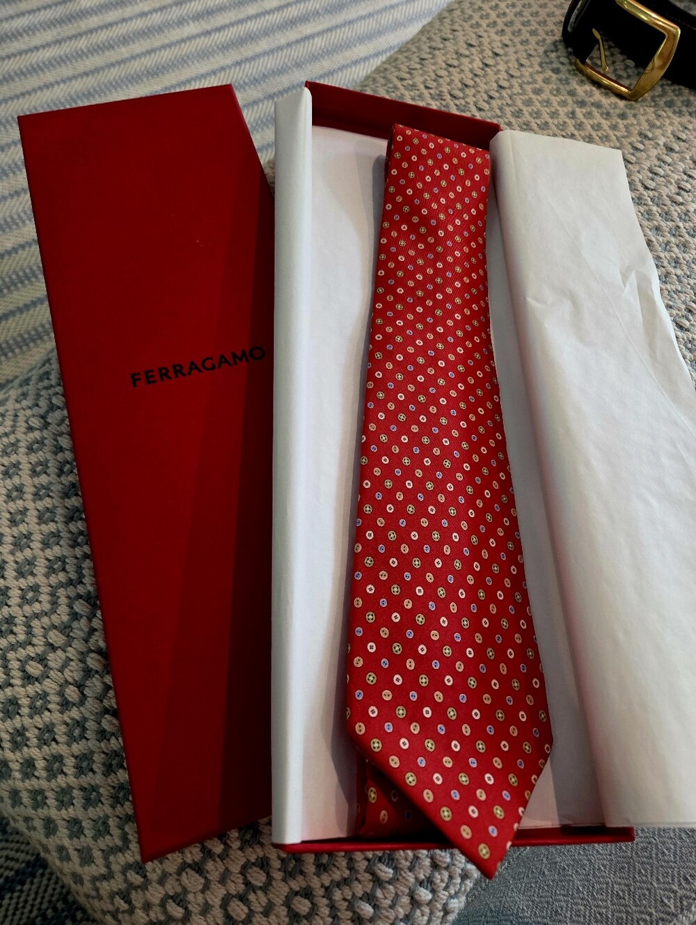 Salvatore Ferragamo Red Silk Tie with Small White and Gold Button Print